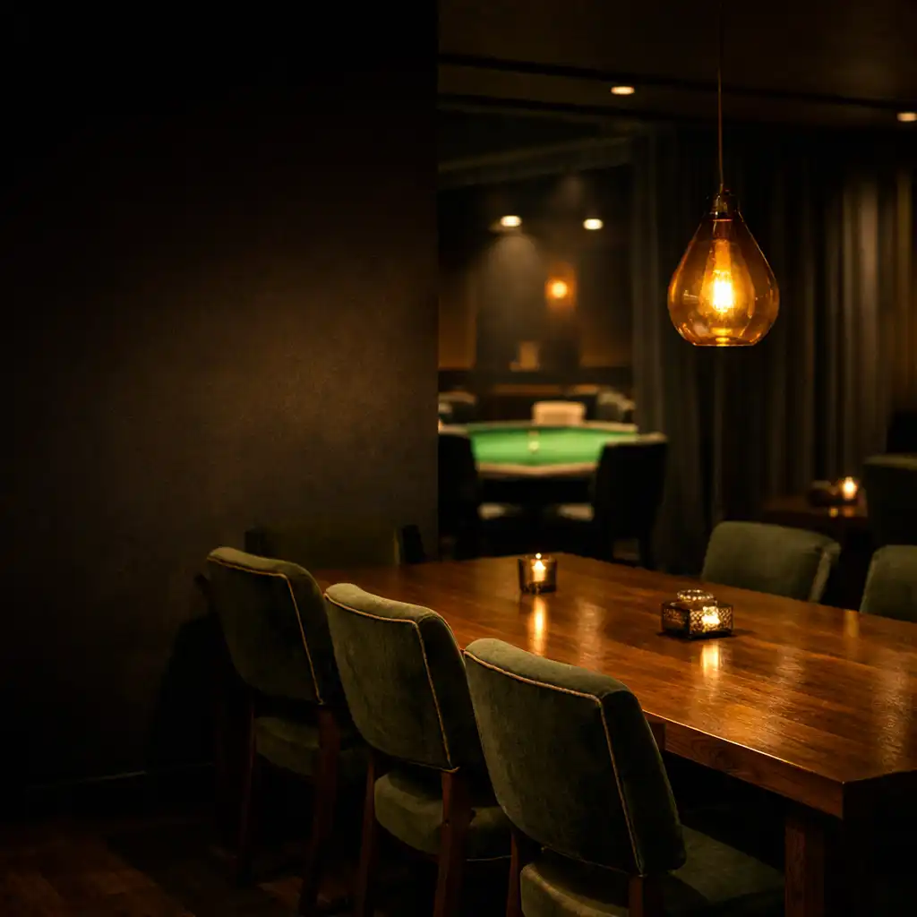 Warm communal table and green lounge details beside a poker venue