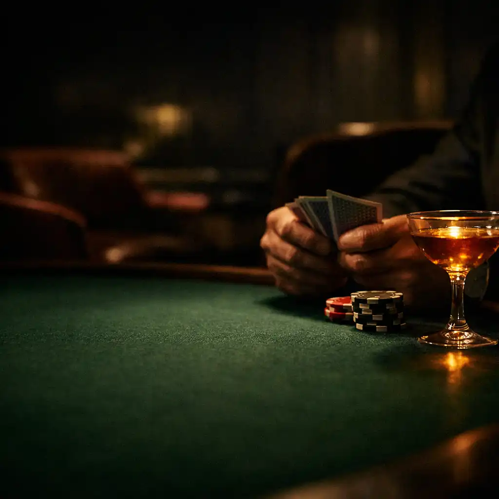 Cards, chips and a warm cocktail glass on a green felt table