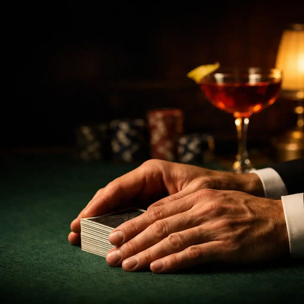 Hands squaring a deck on green felt beside a single warm drink