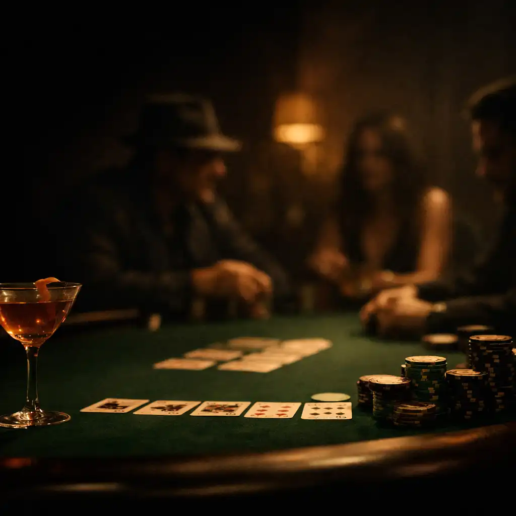 Green felt poker table with cards, chips and a warm drink in a dark lounge