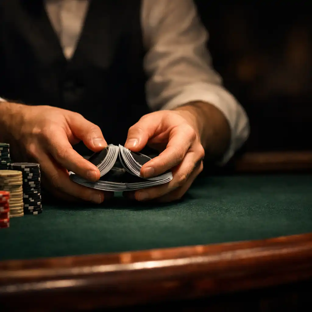 Dealer hands shuffling cards above green felt with poker chips