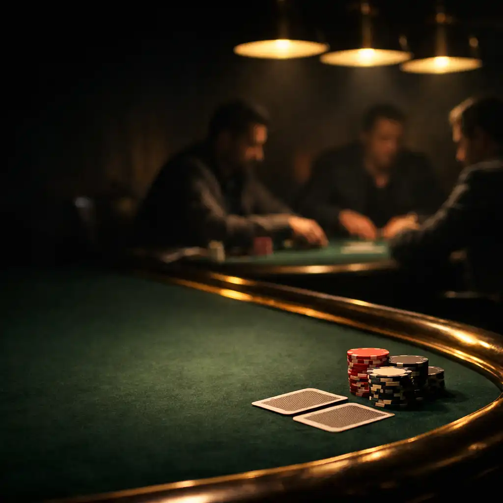 Green felt poker table with cards and chips in a low-lit private room