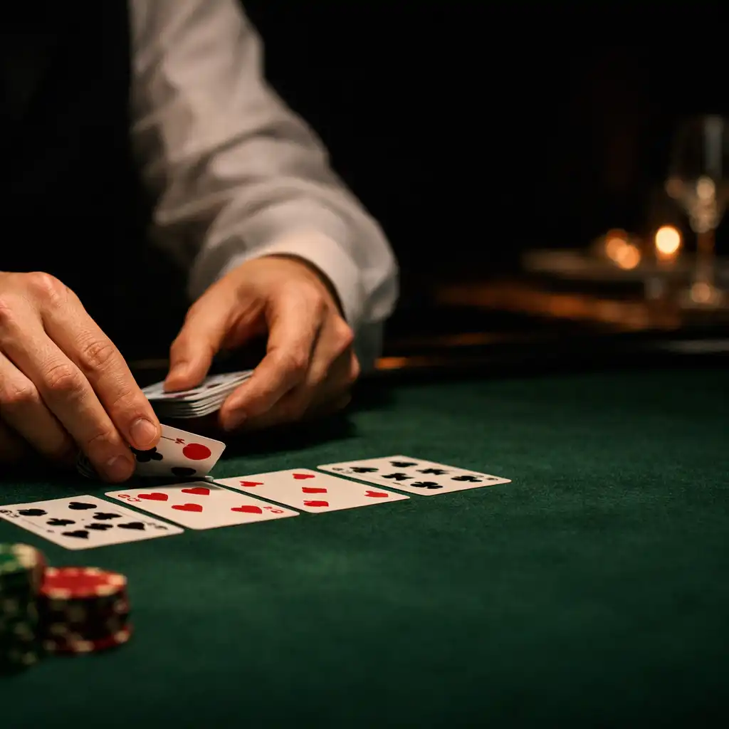 Live poker dealer hands arranging cards on green felt beside organised chip stacks