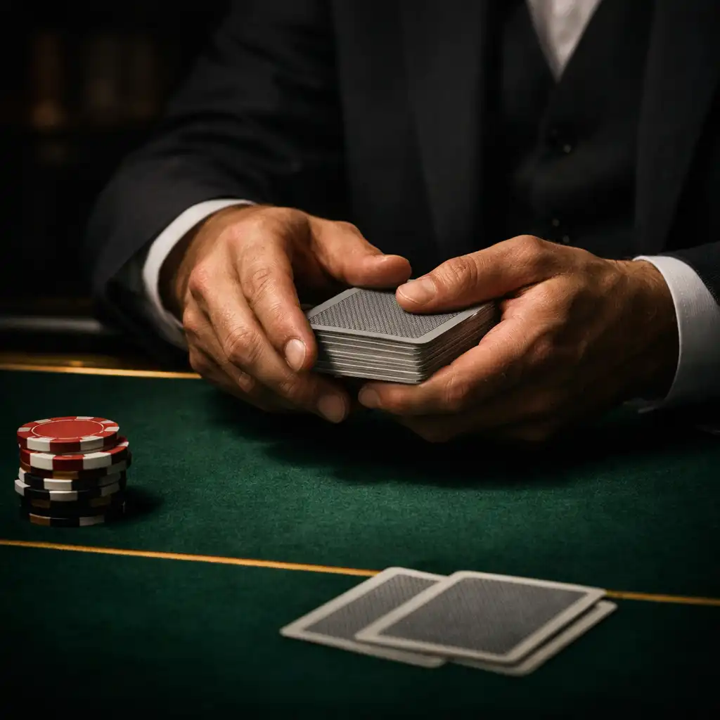Dealer hands handling cards over green felt beside poker chips