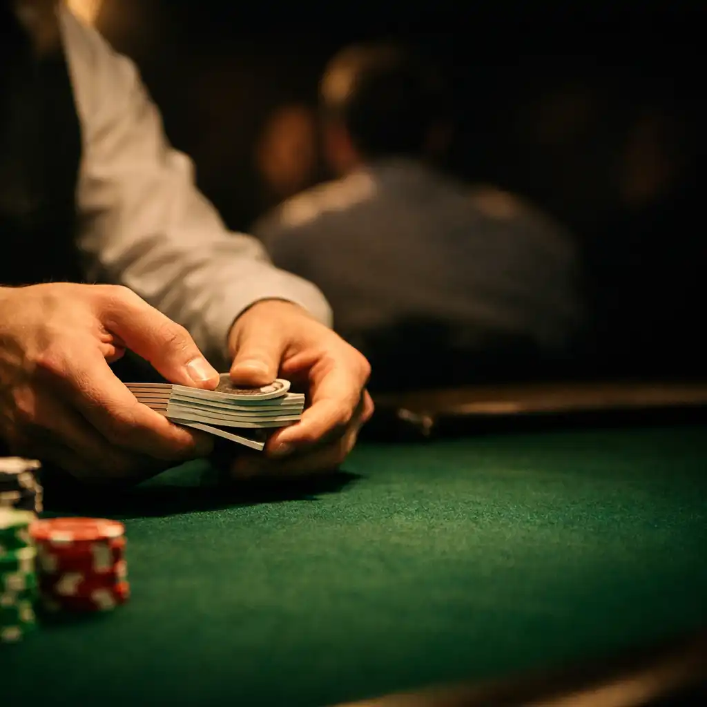 Dealer hands handling playing cards over deep green felt