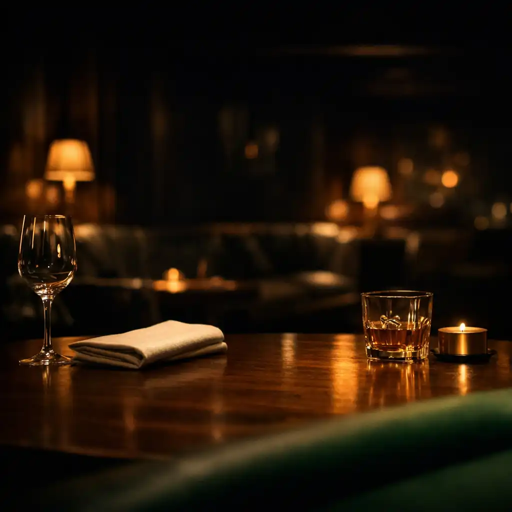 Warmly lit dark dining table in a premium venue setting