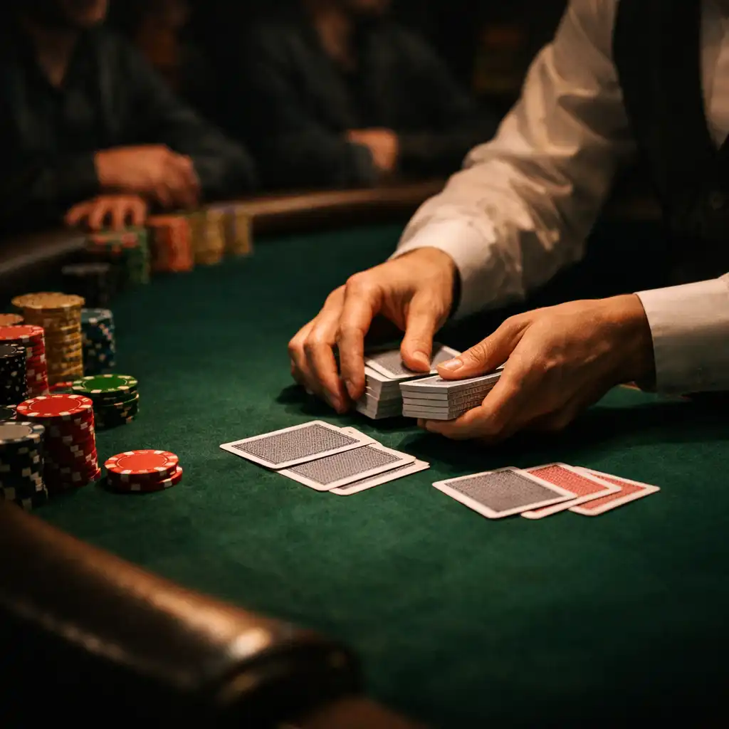 Live dealer hands placing cards across a green felt poker table