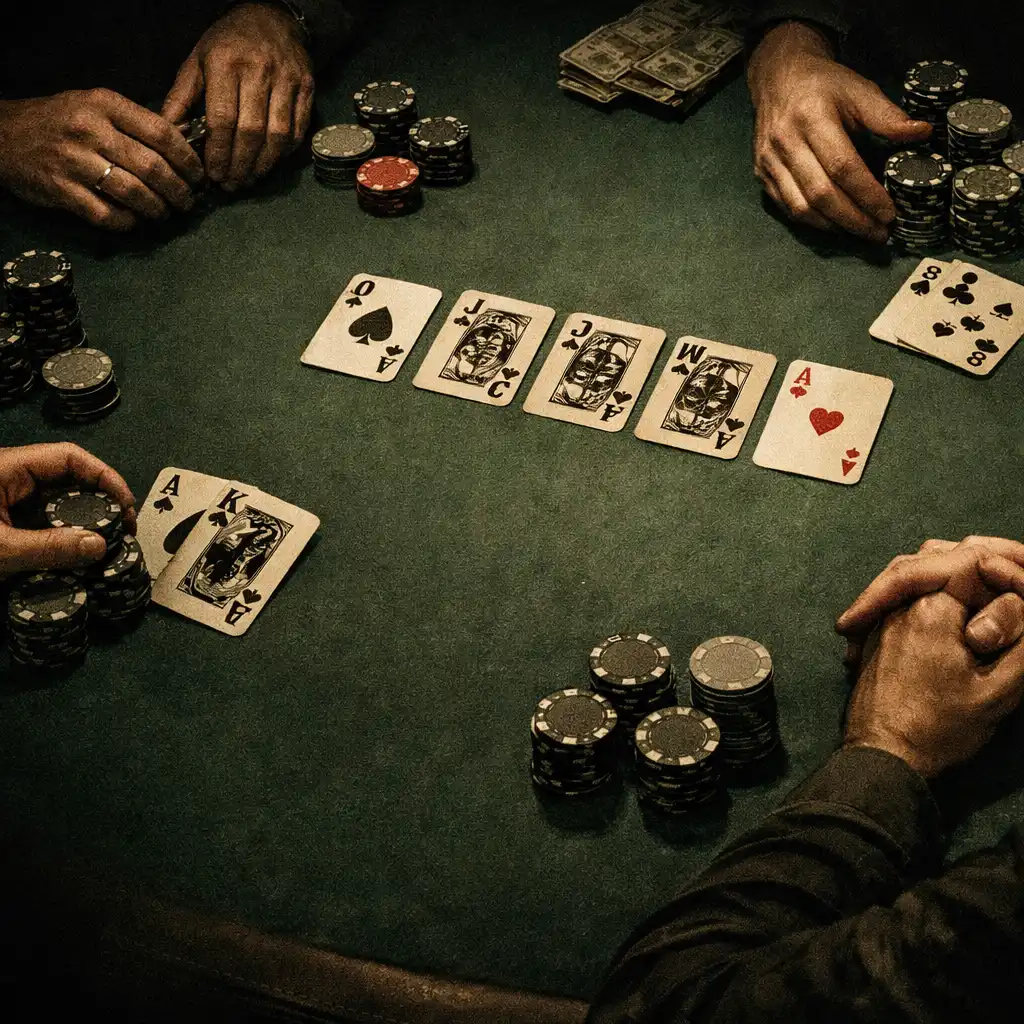 Hands, cards and chip stacks gathered around a green felt poker table