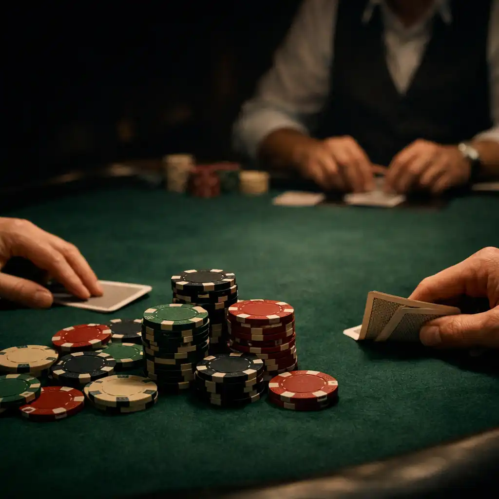 Physical casino chips and cards on green felt during a live cash poker game