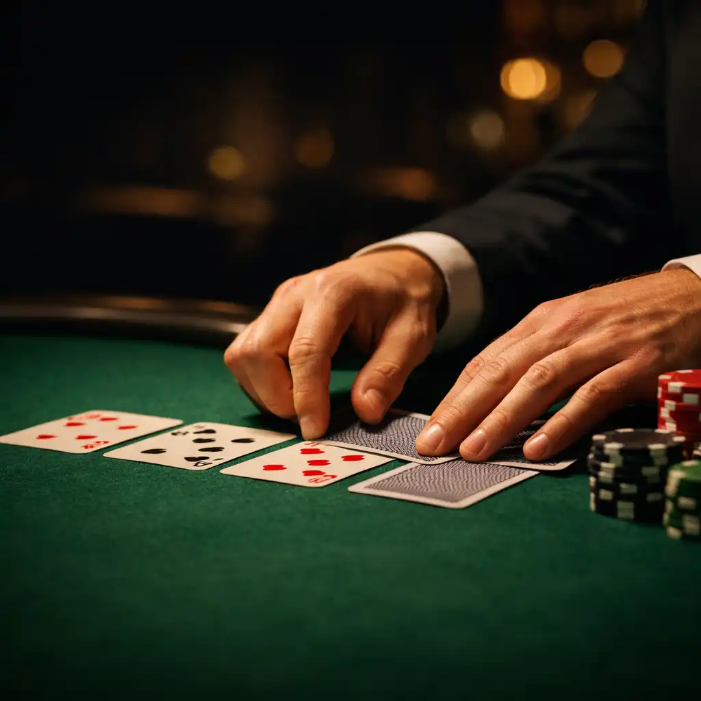 Dealer hands arranging cards on a green felt professional poker table