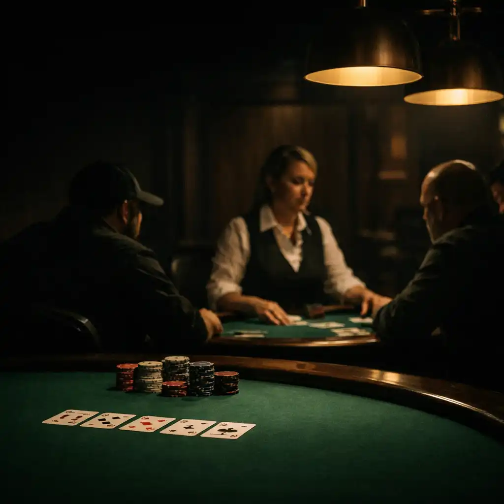 Live dealer and focused players around a green felt poker table in a dark poker room