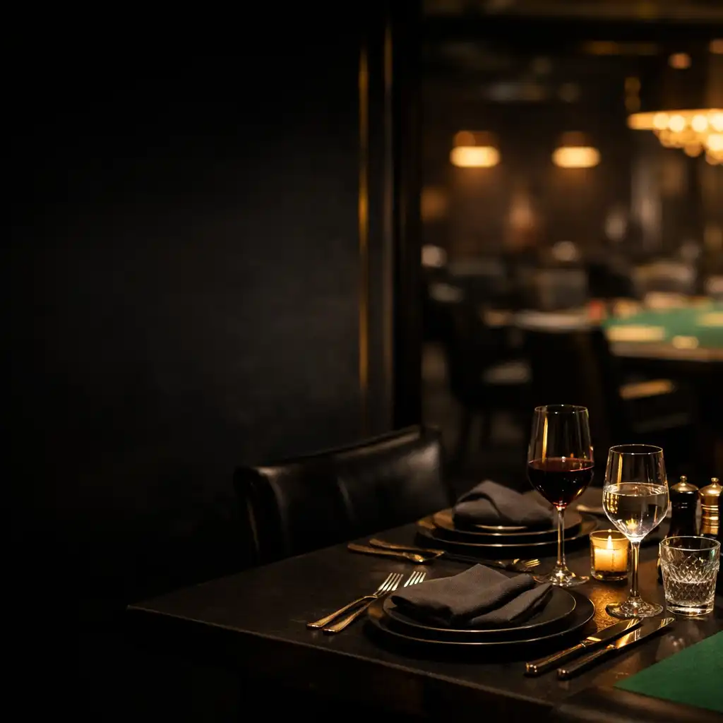 Low-lit dining setting beside the edge of a green felt poker table