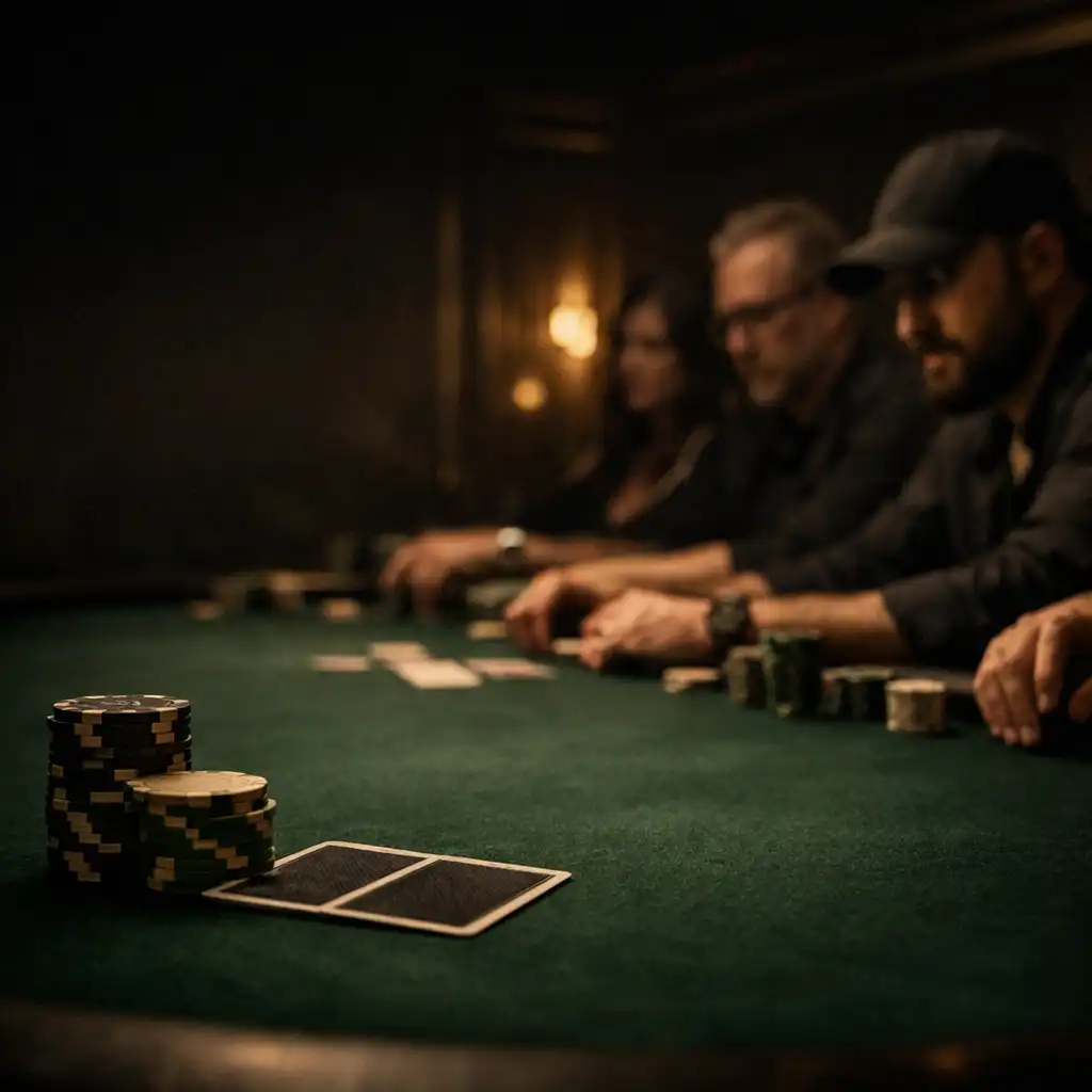 Focused adult players around a green felt poker table in a dark poker room