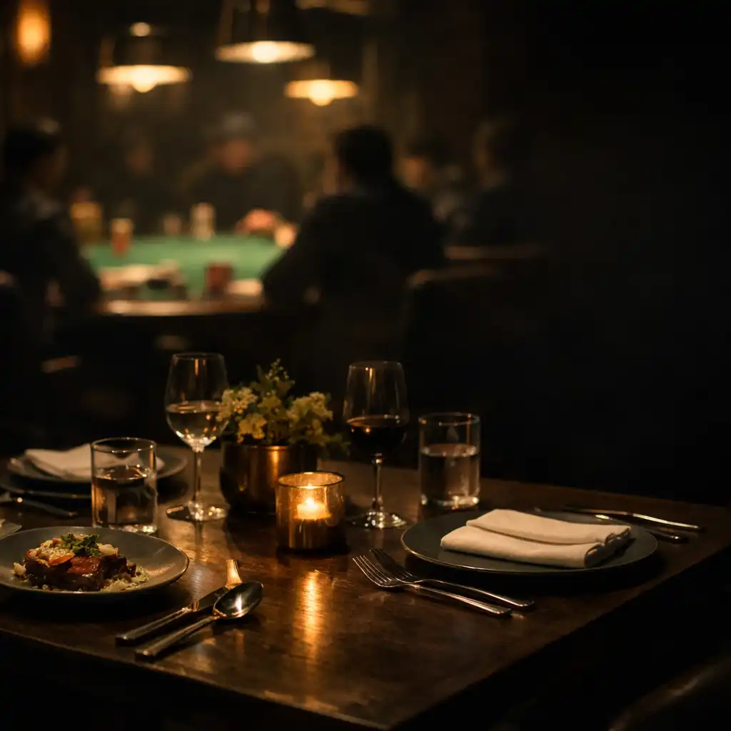 Warmly set dining table with subtle green felt atmosphere in the background