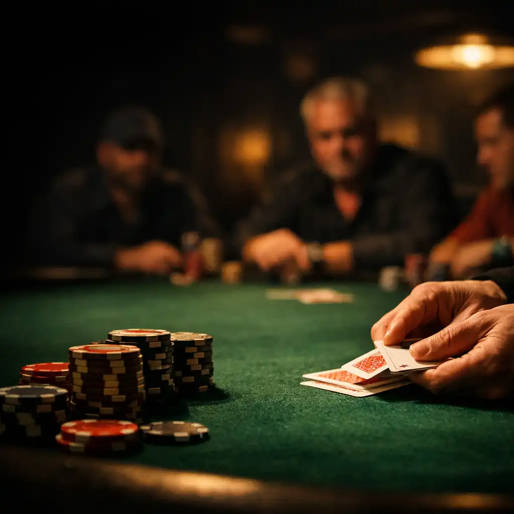Dealer hands dealing physical cards across a green felt poker table with stacks of chips