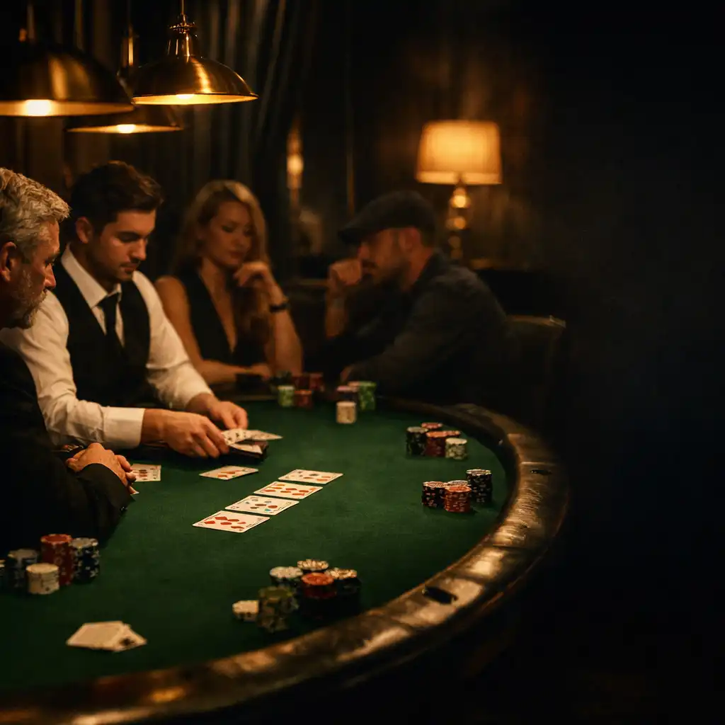 Focused adult players and a dealer position around a green felt table in a dark poker room