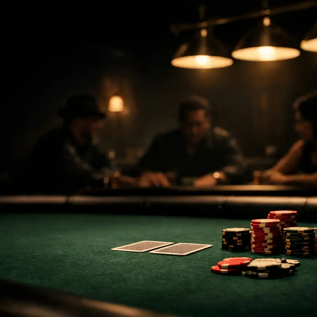 Green felt poker table with cards and chips in a dark poker room