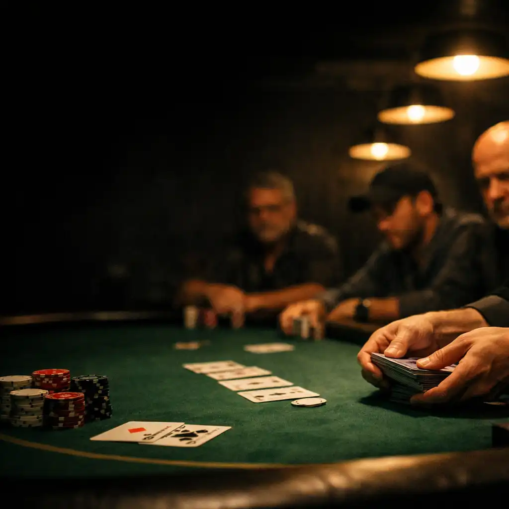 Dealer hands, cards and chip stacks on a green felt poker table