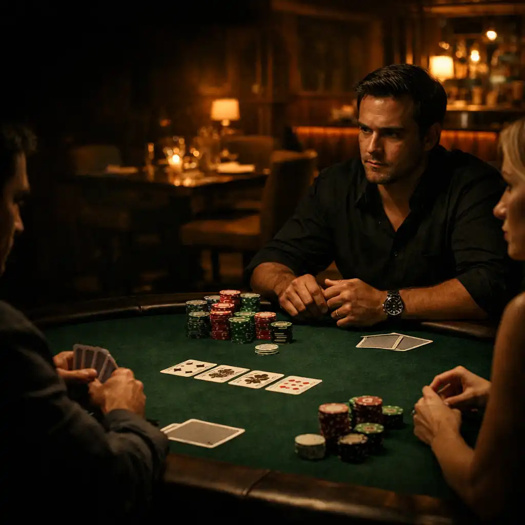 Green felt poker table with cards and chips in a low-lit venue, with dining details softly behind