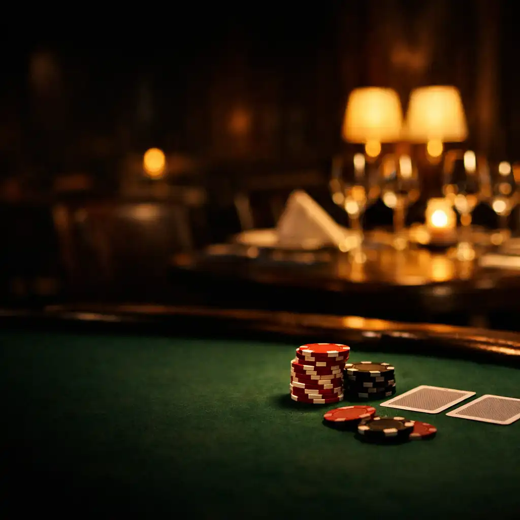 Warmly lit dining setting with green felt, poker chips and card edges visible nearby